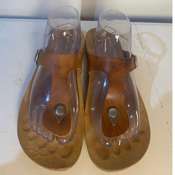 Yokono Leather Brown T Strap Thong Cork Footbed Flip Flop Adjustable Sandal 9.5 - Picture 4 of 7